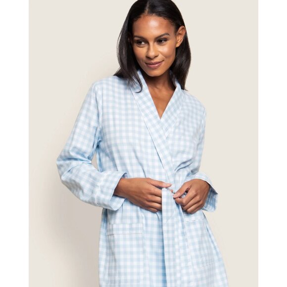 PETITE PLUME Gingham Cotton Robe in Light Blue Gingham Size Medium - Picture 8 of 8